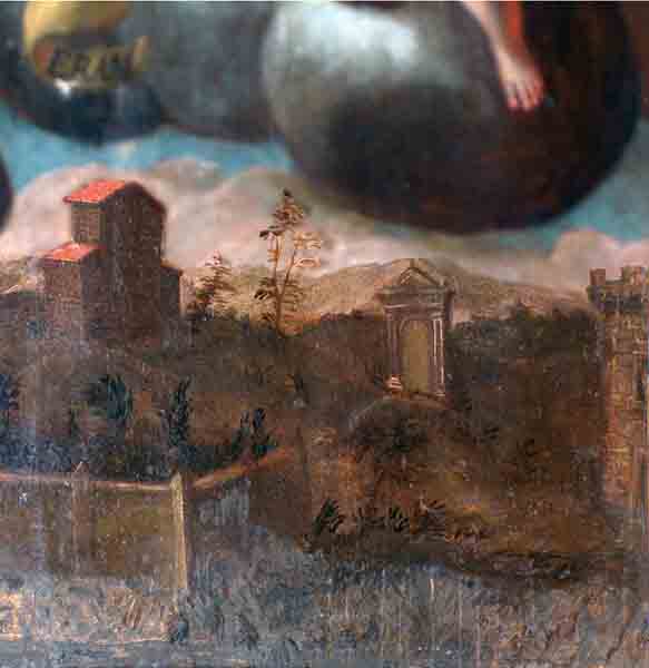 particolare della tela dell'Immacolata che rappresenta l'edicola presso le mura della citt