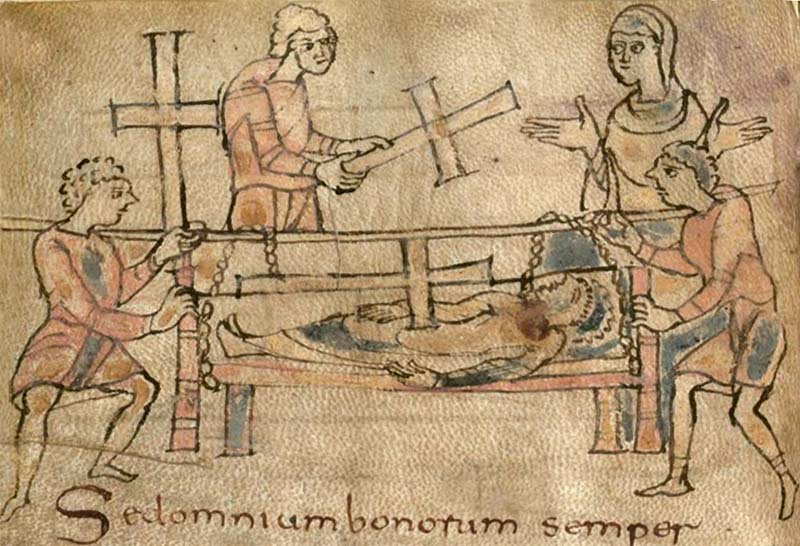 La Santa Croce posta su un morto, dal manoscritto <em>Preces de Wessofontano coenobio</em> del VII secolo, Bibl. Statale di Monaco di Baviera