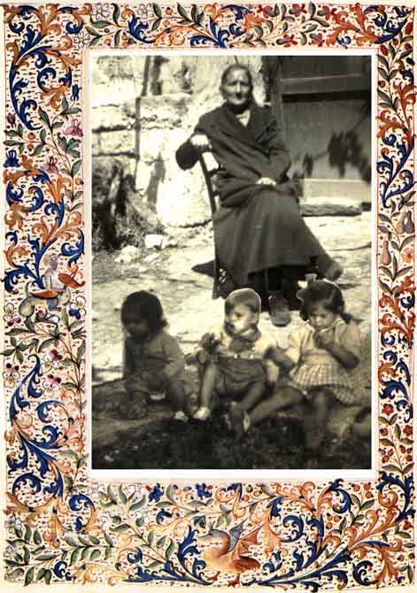 Generazioni si tramandano usanze e saggezza: nonna Antonia (morta nel 1939) e pronipoti acquisiti (foto 1948)